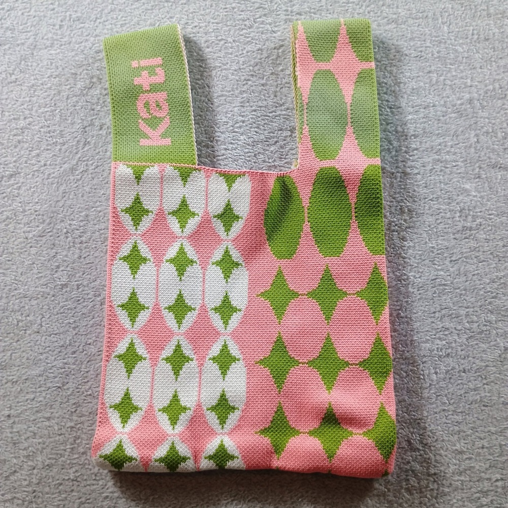 Kati Womens Knit Mini Tote Bag Pink Green Geometric Pattern‎ Small Market Bag